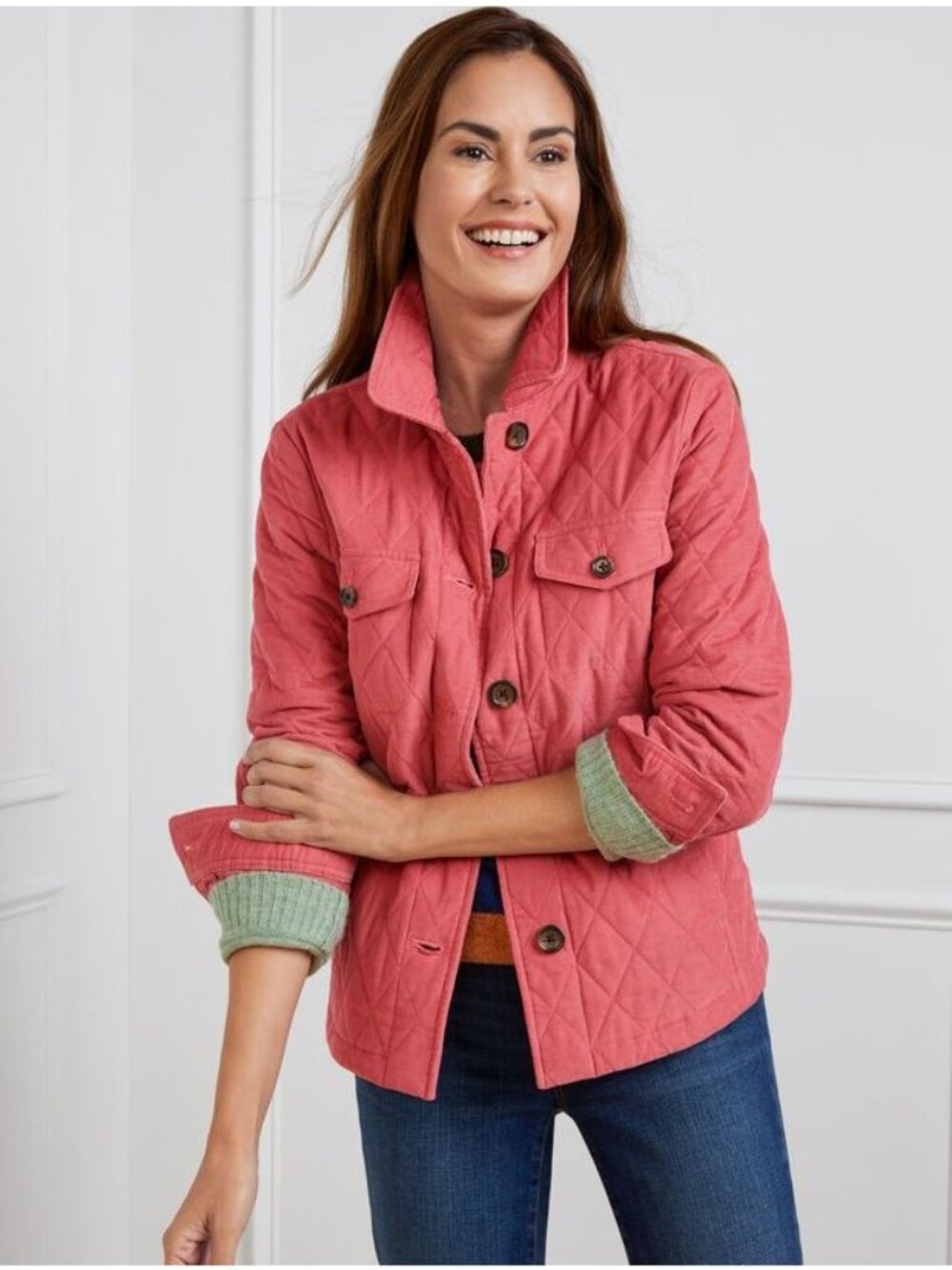 Talbots Quilted Corduroy Shirt Jacket Womens S Pink Button Front Feminine Retro